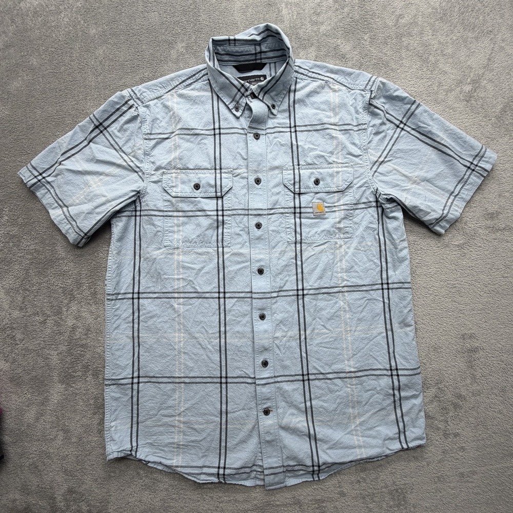 Carhartt Shirt Mens LT‎ Blue Plaid Loose Fit Short Sleeve Workwear Button Front